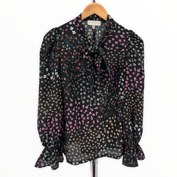 Never Fully Dressed Black Meadow Floral Tie Neck Long Sleeve Cinched Cuff Top 2 - Picture 6 of 12